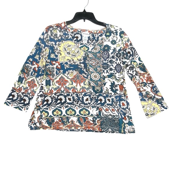 Chico's Tops - Chico's Paisley Floral Patchwork Top Womens 1 (M/8) Multicolor 3/4 Sleeve V Neck